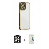 MARSİLYAN™- iPhone 14 Pro Max Kılıf Çekirdek Klasik Serisi - Şeffaf Pasifik Cam Ekran Koruyucu + PVD Metal Kamera Lens - TU