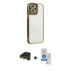 MARSİLYAN™- iPhone 14 Pro Max Kılıf Çekirdek Klasik Serisi - Şeffaf Royal Nano Ekran Koruyucu + Gold Raze Metal Kamera Lens