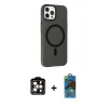 MARSİLYAN™- iPhone 14 Pro Max Kılıf Çekirdek Modern Prime - Siyah 18D Cam Ekran Koruyucu + PVD Metal Kamera Lens - TU
