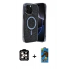 MARSİLYAN™- iPhone 14 Pro Max Kılıf Eksen Çizgi - Siyah 18D Cam Ekran Koruyucu + PVD Metal Kamera Lens - TU