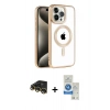 MARSİLYAN™- iPhone 14 Pro Max Kılıf Eksen Form Koleksiyonu - Şeffaf Royal Nano Ekran Koruyucu + Gold Raze Metal Kamera Lens