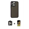MARSİLYAN™- iPhone 14 Pro Max Kılıf Eksen Işık - Siyah Buffer Cam Ekran Koruyucu + Turuncu PVD Metal Kamera Lens