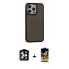 MARSİLYAN™- iPhone 14 Pro Max Kılıf Eksen Işık - Siyah Buffer Cam Ekran Koruyucu + Turuncu PVD Metal Kamera Lens