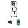 MARSİLYAN™- iPhone 14 Pro Max Kılıf Eksen Klasik Koleksiyonu - Siyah 18D Cam Ekran Koruyucu + Gold Raze Metal Kamera Lens