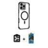 MARSİLYAN™- iPhone 14 Pro Max Kılıf Eksen Klasik Koleksiyonu - Siyah 18D Cam Ekran Koruyucu + PVD Metal Kamera Lens - TU
