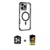 MARSİLYAN™- iPhone 14 Pro Max Kılıf Eksen Klasik Koleksiyonu - Siyah Buffer Cam Ekran Koruyucu + PVD Metal Kamera Lens - TU