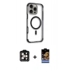 MARSİLYAN™- iPhone 14 Pro Max Kılıf Eksen Klasik Koleksiyonu - Siyah Buffer Hayalet Cam Ekran Koruyucu + Turuncu PVD Metal Kamera Lens