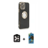 MARSİLYAN™- iPhone 14 Pro Max Kılıf İz Form Serisi - Siyah 18D Cam Ekran Koruyucu + Turuncu PVD Metal Kamera Lens