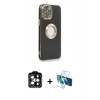 MARSİLYAN™- iPhone 14 Pro Max Kılıf İz Form Serisi - Siyah 3D Antistatik Cam Ekran Koruyucu + PVD Metal Kamera Lens - TU