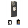 MARSİLYAN™- iPhone 14 Pro Max Kılıf İz Form Serisi - Siyah Buffer Hayalet Cam Ekran Koruyucu + PVD Metal Kamera Lens - TU