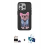 MARSİLYAN™- iPhone 14 Pro Max Kılıf İz Minimal Koleksiyonu - Siyah 3D Antistatik Cam Ekran Koruyucu + Derin Mor Bilvis Titan Kamera Lens