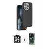 MARSİLYAN™- iPhone 14 Pro Max Kılıf Kıvılcım Çizgi Serisi - Siyah 360 Mat Full Body Arka Koruyucu + Turuncu PVD Metal Kamera Lens