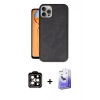 MARSİLYAN™- iPhone 14 Pro Max Kılıf Kıvılcım Işık Serisi - Siyah Bilvis 5in1 5D Magic Hayalet Cam Ekran Koruyucu + Turuncu PVD Metal Kamera Lens