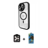MARSİLYAN™- iPhone 14 Pro Max Kılıf Kıvılcım Modern Koleksiyonu - Siyah 18D Cam Ekran Koruyucu + PVD Metal Kamera Lens - TU