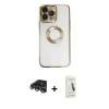 MARSİLYAN™- iPhone 14 Pro Max Kılıf Pusula Form - Şeffaf Pasifik Cam Ekran Koruyucu + Raze Metal Kamera Lens - GS