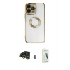 MARSİLYAN™- iPhone 14 Pro Max Kılıf Pusula Form - Şeffaf Pasifik Cam Ekran Koruyucu + Raze Metal Kamera Lens - GD