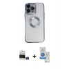 MARSİLYAN™- iPhone 14 Pro Max Kılıf Pusula Form - Şeffaf Royal Nano Ekran Koruyucu + Gümüş Bilvis Titan Kamera Lens