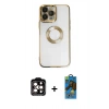 MARSİLYAN™- iPhone 14 Pro Max Kılıf Pusula Form - Siyah 18D Cam Ekran Koruyucu + Turuncu PVD Metal Kamera Lens