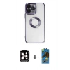 MARSİLYAN™- iPhone 14 Pro Max Kılıf Pusula Form - Siyah 18D Cam Ekran Koruyucu + Turuncu PVD Metal Kamera Lens