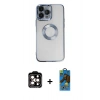 MARSİLYAN™- iPhone 14 Pro Max Kılıf Pusula Form - Siyah 18D Cam Ekran Koruyucu + Turuncu PVD Metal Kamera Lens