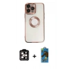 MARSİLYAN™- iPhone 14 Pro Max Kılıf Pusula Form - Siyah 18D Cam Ekran Koruyucu + Turuncu PVD Metal Kamera Lens