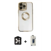 MARSİLYAN™- iPhone 14 Pro Max Kılıf Pusula Form - Siyah Bilvis Hayalet Cam Ekran Koruyucu + Turuncu PVD Metal Kamera Lens