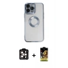 MARSİLYAN™- iPhone 14 Pro Max Kılıf Pusula Form - Siyah Buffer Cam Ekran Koruyucu + PVD Metal Kamera Lens - TU