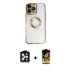 MARSİLYAN™- iPhone 14 Pro Max Kılıf Pusula Form - Siyah Buffer Cam Ekran Koruyucu + PVD Metal Kamera Lens - TU