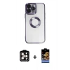 MARSİLYAN™- iPhone 14 Pro Max Kılıf Pusula Form - Siyah Buffer Hayalet Cam Ekran Koruyucu + Turuncu PVD Metal Kamera Lens