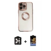 MARSİLYAN™- iPhone 14 Pro Max Kılıf Pusula Form - Siyah Buffer Hayalet Cam Ekran Koruyucu + Turuncu PVD Metal Kamera Lens
