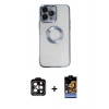 MARSİLYAN™- iPhone 14 Pro Max Kılıf Pusula Form - Siyah Buffer Hayalet Cam Ekran Koruyucu + Turuncu PVD Metal Kamera Lens