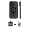 MARSİLYAN™- iPhone 14 Pro Max Kılıf Pusula Minimal Koleksiyonu - Siyah Bilvis 3D Mat Cam Ekran Koruyucu + Turuncu PVD Metal Kamera Lens