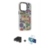MARSİLYAN™- iPhone 14 Pro Max Kılıf Siluet Çizgi Koleksiyonu - Siyah 3D Antistatik Cam Ekran Koruyucu + Raze Metal Kamera Lens - GS