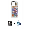 MARSİLYAN™- iPhone 14 Pro Max Kılıf Siluet Çizgi Koleksiyonu - Siyah 3D Antistatik Cam Ekran Koruyucu + Turuncu PVD Metal Kamera Lens