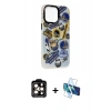MARSİLYAN™- iPhone 14 Pro Max Kılıf Siluet Çizgi Koleksiyonu - Siyah 3D Antistatik Cam Ekran Koruyucu + Turuncu PVD Metal Kamera Lens