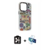 MARSİLYAN™- iPhone 14 Pro Max Kılıf Siluet Çizgi Koleksiyonu - Siyah 3D Antistatik Cam Ekran Koruyucu + Turuncu PVD Metal Kamera Lens