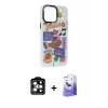MARSİLYAN™- iPhone 14 Pro Max Kılıf Siluet Çizgi Koleksiyonu - Siyah Bilvis 5in1 5D Magic Hayalet Cam Ekran Koruyucu + PVD Metal Kamera Lens - TU