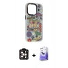 MARSİLYAN™- iPhone 14 Pro Max Kılıf Siluet Çizgi Koleksiyonu - Siyah Bilvis 5in1 5D Magic Hayalet Cam Ekran Koruyucu + PVD Metal Kamera Lens - TU