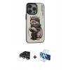 MARSİLYAN™- iPhone 14 Pro Max Kılıf Siluet Modern Özel Seri - Siyah 3D Antistatik Cam Ekran Koruyucu + Gümüş Raze Metal Kamera Lens