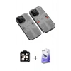 MARSİLYAN™- iPhone 14 Pro Max Kılıf Ufuk Doku Prime - Siyah Bilvis 5in1 5D Magic Hayalet Cam Ekran Koruyucu + PVD Metal Kamera Lens - TU
