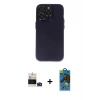 MARSİLYAN™- iPhone 14 Pro Max Kılıf Ufuk Minimal Özel Seri - Siyah 18D Cam Ekran Koruyucu + Derin Mor Bilvis Titan Kamera Lens