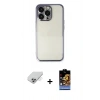MARSİLYAN™- iPhone 14 Pro Max Kılıf Vadi Minimal - Siyah Buffer Hayalet Cam Ekran Koruyucu + Gümüş Band Metal Kamera Lens