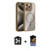MARSİLYAN™- iPhone 14 Pro Max Kılıf Yadigar Asil Koleksiyonu - Siyah Buffer Hayalet Cam Ekran Koruyucu + Turuncu PVD Metal Kamera Lens
