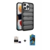 MARSİLYAN™- iPhone 14 Pro Max Kılıf Yadigar Doku Özel Seri - Siyah 18D Cam Ekran Koruyucu + Bilvis Titan Kamera Lens - SH