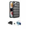 MARSİLYAN™- iPhone 14 Pro Max Kılıf Yadigar Doku Özel Seri - Siyah 3D Antistatik Cam Ekran Koruyucu + Gümüş Raze Metal Kamera Lens