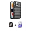 MARSİLYAN™- iPhone 14 Pro Max Kılıf Yadigar Doku Özel Seri - Siyah Bilvis 5in1 5D Magic Hayalet Cam Ekran Koruyucu + PVD Metal Kamera Lens - TU