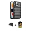 MARSİLYAN™- iPhone 14 Pro Max Kılıf Yadigar Doku Özel Seri - Siyah Buffer Cam Ekran Koruyucu + Gümüş Raze Metal Kamera Lens