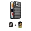 MARSİLYAN™- iPhone 14 Pro Max Kılıf Yadigar Doku Özel Seri - Siyah Buffer Cam Ekran Koruyucu + PVD Metal Kamera Lens - TU