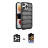 MARSİLYAN™- iPhone 14 Pro Max Kılıf Yadigar Doku Özel Seri - Siyah Buffer Hayalet Cam Ekran Koruyucu + PVD Metal Kamera Lens - TU