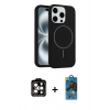 MARSİLYAN™- iPhone 14 Pro Max Kılıf Yankı Form Serisi - Siyah 18D Cam Ekran Koruyucu + PVD Metal Kamera Lens - TU